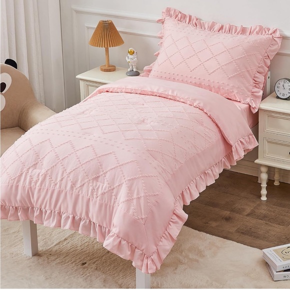 Pink Ruffle Soft Jacquard Embroidery🪡Toddler🧒🏻Comforter Set Bed🛏️in a Bag - Picture 1 of 10